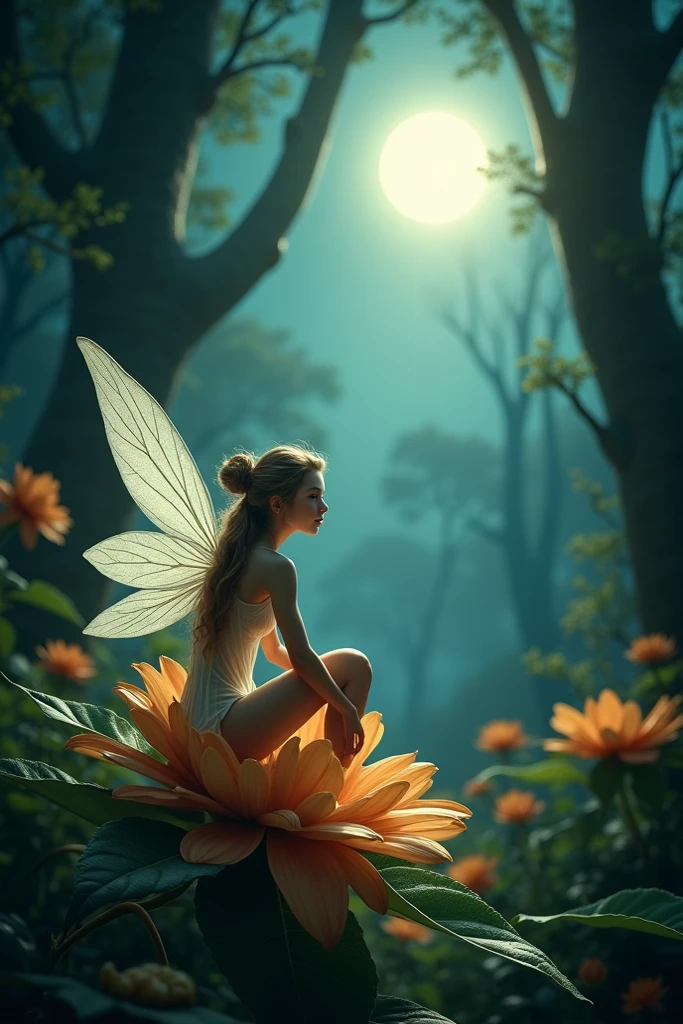  Makro imge of a Little Naked beautiful fairy on a flower,very beautiful sky with stars,nebulas, huge planet at the Horizont, dynamic light, 8k,dynamic lights 