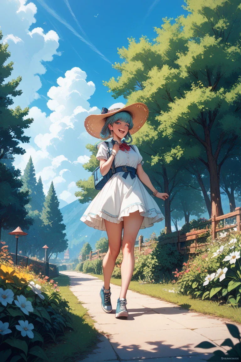 Masterpiece, best quality, (very detailed CG unity 8k wallpaper) (best quality), (best illustration), anime, village, flowers, blue sky, --v6