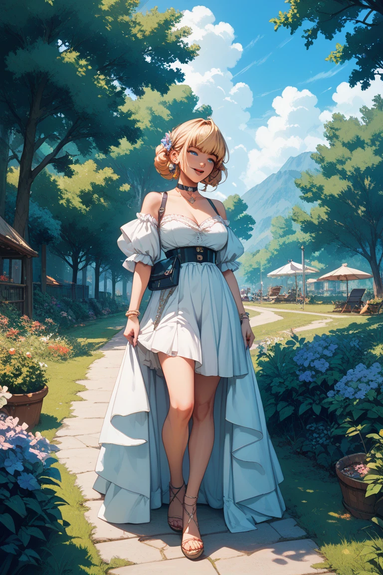 Cinderella, big , blue blouse , white skirt slit on the side , showing her thighs, deep cleavage , walking in beautiful garden