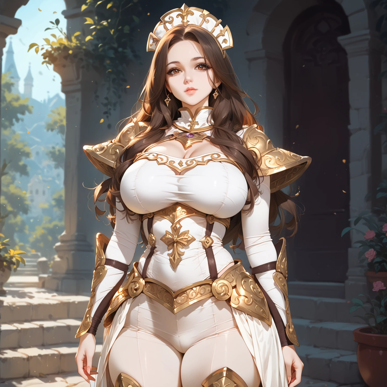 Beautiful brunette woman cinnamon skin messy black hair short brown eye muscular body perfect breasts golden taurus armor white coat 