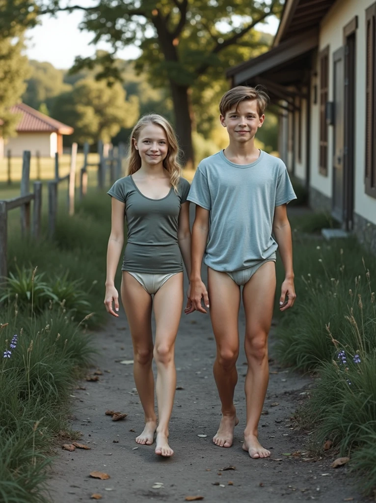 a heterosexual couple of 12-year-old age lovers, squatting, completely naked and barefoot and in a forest. the boy must have a penis.