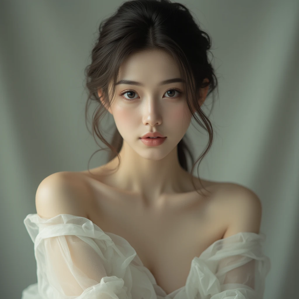 White clothes showing décolletage Japanese woman Baby face