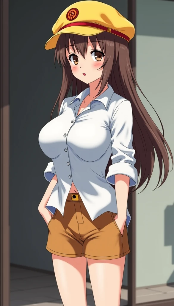 White shirt, cleavage, navel, denim pants, cowboy shot, (big breasts), minami kotori , looking at viewer,solo, sweaty, :D,skindentation, unbuttoned, open pants, open fly