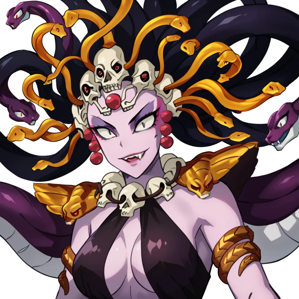 score_9,score_8_up,score_7, source anime, BREAK, 1 girl, solo, medusa, gorgon, lamia, sn4k3h41r , black snake hair, black hair, purple skin, red-pupils, slit-pupils, snake's tongue, purple strap, golden bracelet, forehead purple jewel, revealing clothes, big large breasts, tissue-strapped breasts, dark purples eyes makeup, dark purple lips, purple glossy skin, purple upper-body, midriff, bottomless, purple snake tail with black marking, black nails, sharp fingernails, detailled face, looking at the viewer, evil grin, fangs, night sky, post-apocalypse, crumbling city on background, late night, moon, dark alleyway, close-up, horny, hands on breasts, seductive,