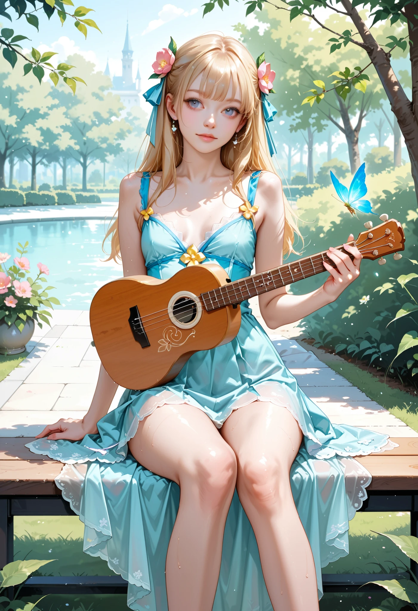 score_9, score_8_up, score_7_up, realistic, zal, small breast,slim and fragile girl, long legs, slim waist and hips, angelic beauty, girl sitting on a small scene in the park and play on ukulele, fairykei, pastel colours