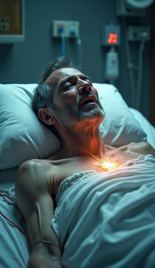 man lying on stretcher, receiving therapy with a pen with a crystal on the tip