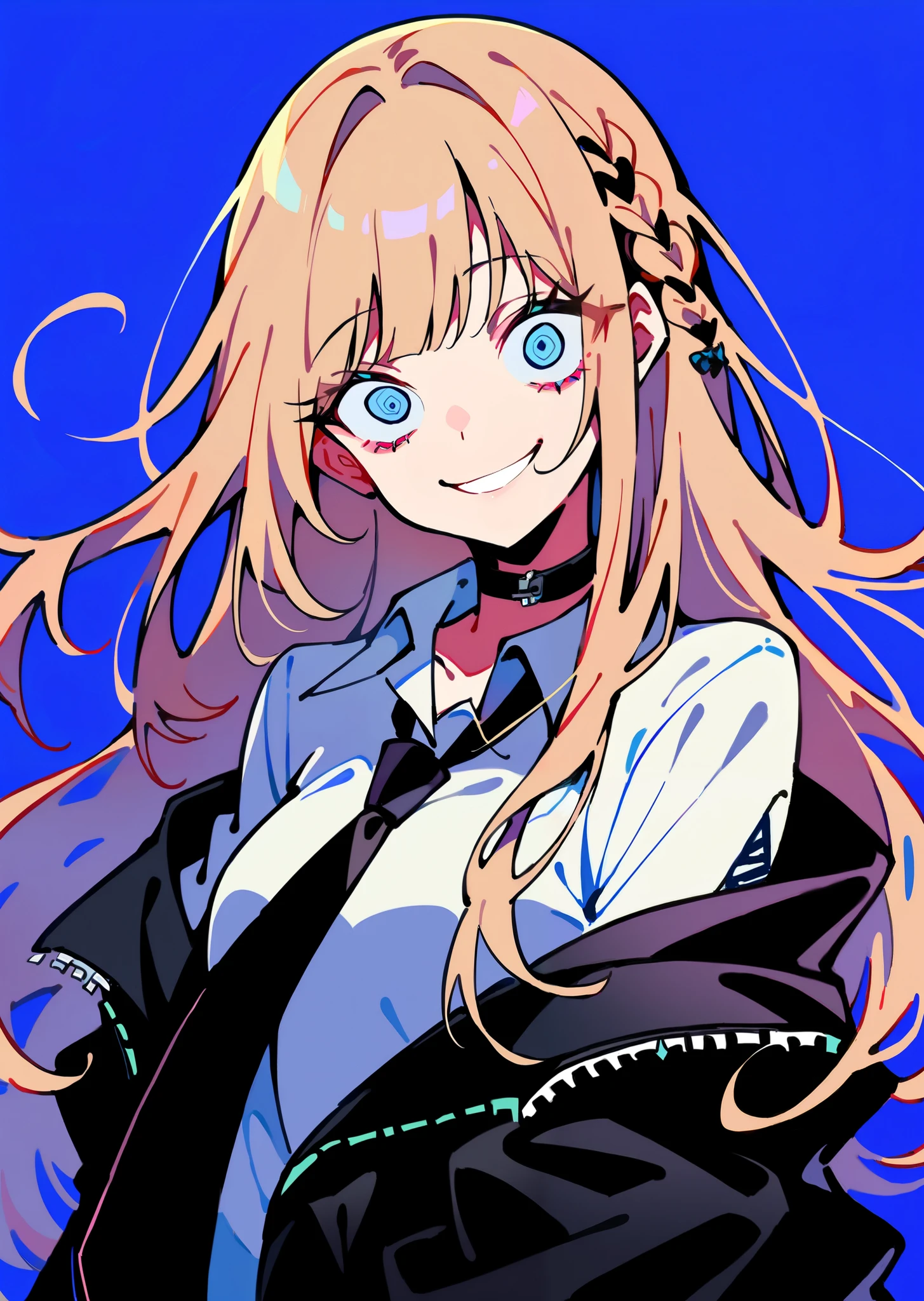 Anime girl with long hair and blue eyes wearing a black jacket - SeaArt AI