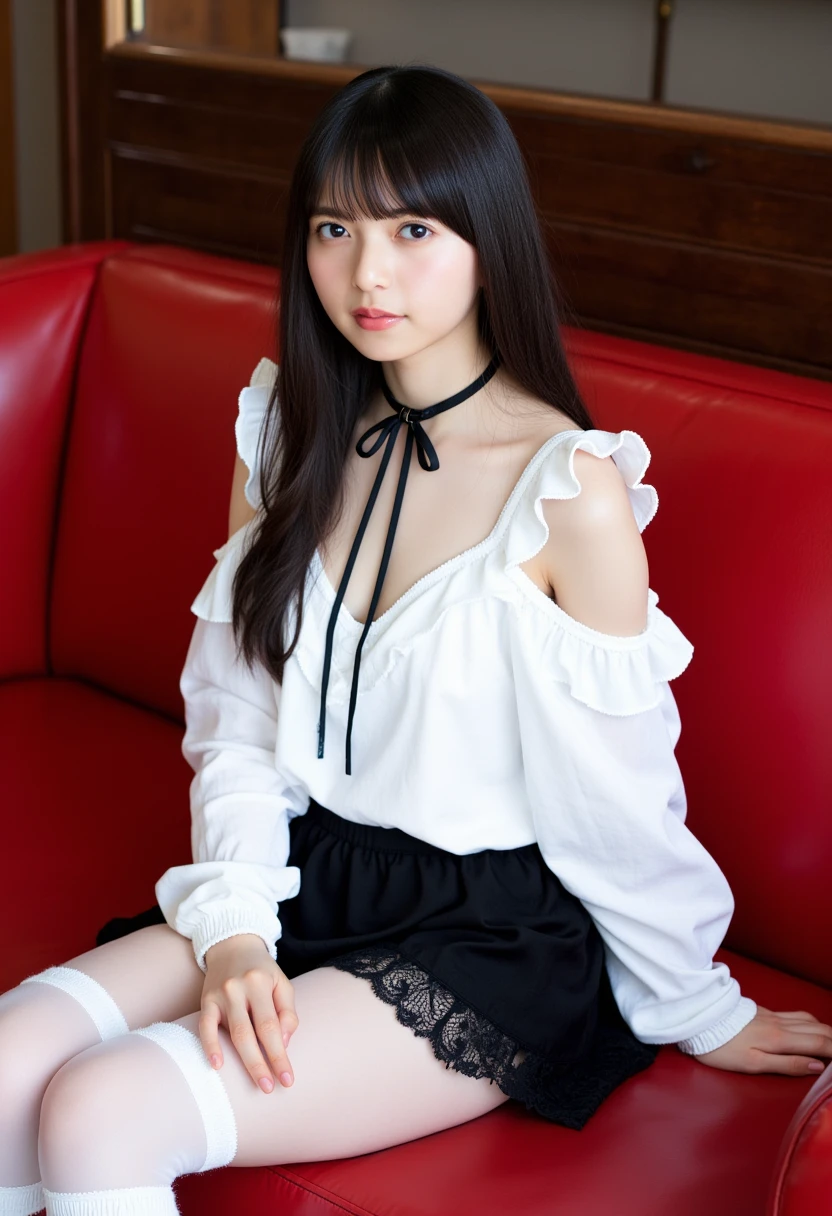 Young Japanese woman with long black hair, white shirt and black skirt sitting on the sofa.,bare belly,snow-white skin,slightly bloated belly ,silhouette of a baby in the belly