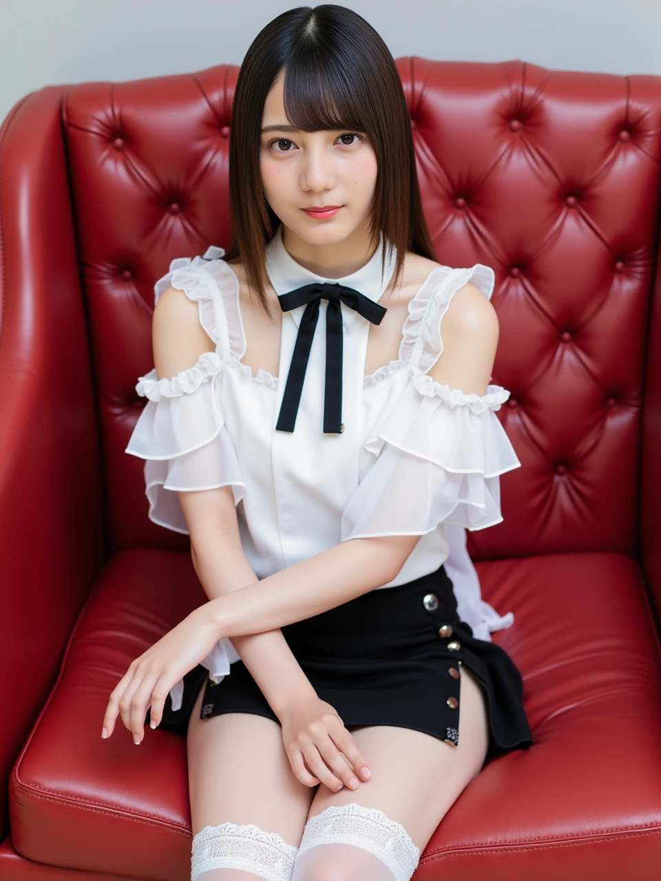 kosakana, The image depicts a young woman sitting on a red leather couch. Her skin is snow-white and her figure is slim. Her has long hair and bangs. She is dressed in a stylish outfit that includes a white blouse with ruffled sleeves and a black ribbon bow at the collar. The blouse also features cut-out shoulders, Deep V-neck, adding a modern and edgy touch to her attire. She is wearing a black mini-skirt with lace trim, which complements her blouse. Additionally, she has white stockings with lace trim, enhancing the overall elegant and feminine look. 