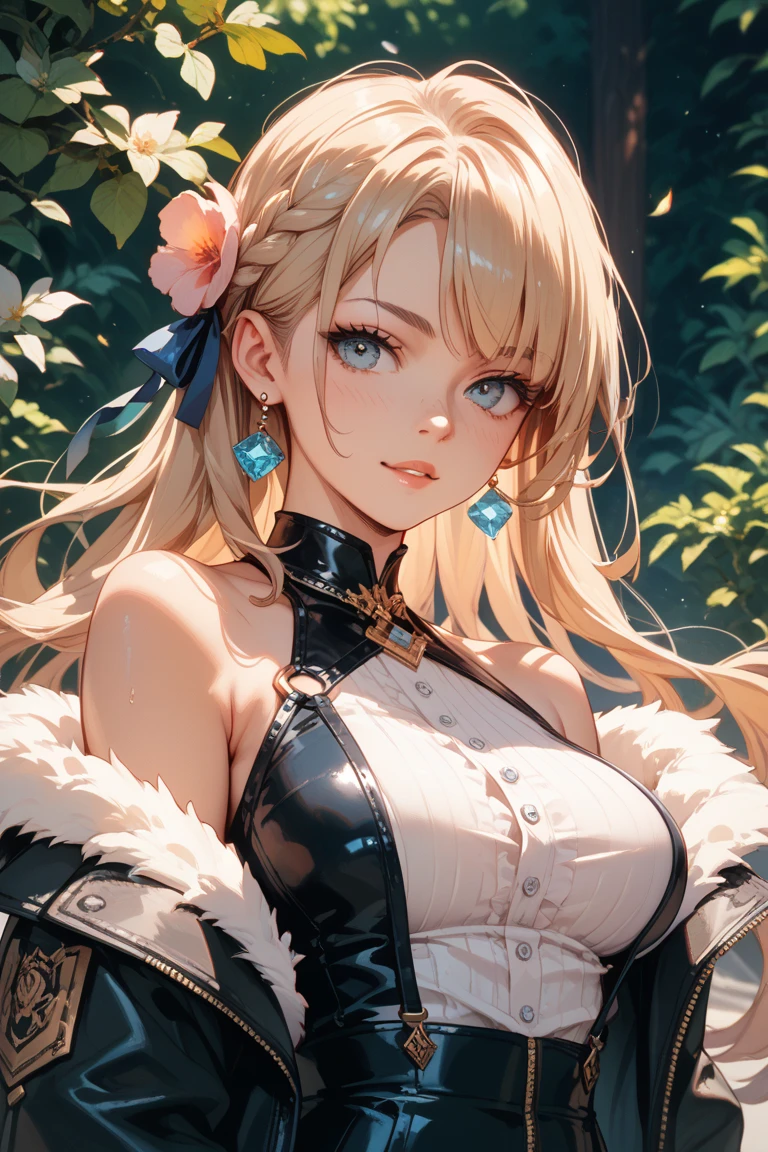 最high quality、best image quality、masterpiece、girl((18-year-old、 By becoming、vest bust、medium bust,wide open breast tea、red glowing eyes, blonde、messy hair、long hair、thin,highest valley、Show the whole body、black cheongsam、open chest、black wristband、red high heels、sexy、smile、Leaning forward、rose hair ornament)),high quality、beautiful art、background((Bright Town、cherry blossoms、beautiful blue sky))、Flight、debris flies、Depth of written boundary、movie、visual art、perfect art、8K,genuine、