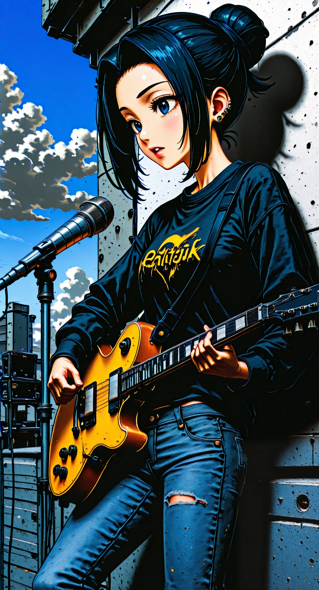 masterpiece, best quality, very aesthetic, absurdres, sharp details, 1girl, instrument, guitar, solo, blue eyes, music, sky, black hair, pants, shirt, holding instrument, microphone, electric guitar, holding, black shirt, hair bun, outdoors, parted lips, piercing, bangs, single hair bun, microphone stand, jeans, playing instrument, denim, ear piercing, jewelry, earrings, long sleeves, cloud, 4k, highest quality, skeleton punk