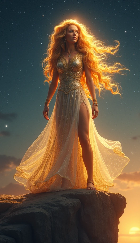 Full body shot, illustration, film light, fantasy, highest quality, super detailed, best quality, masterpiece, (detailed face), tall sexy mature woman, dress made of gold coins chained together, glowing quicksand, floating embers Crystals, golden hair accessories, metal that reflects sunlight, (body focal length: 1.25), clear blue sky, desert ocean in the background, long curly hair, golden eyes, magic, darkness, light reflection