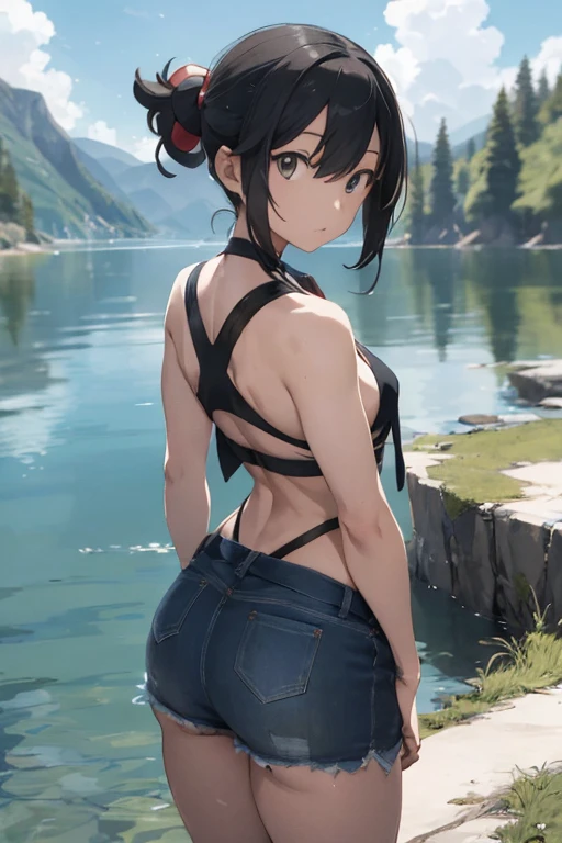 (masterpiece、Highest quality、Highest quality、Official Art、Beautiful and beautiful:1.2)、(One girl:1.3)Hatsune Miku、Twin tails,Beautiful breasts, Katsushika Hokusai, 1 girl, (alone:1.5), Nadia La Arwall, Outdoor, blue sky, cloudy, Very detailed, 8k, masterpiece世界劇場, Textured skin, Beautifully detailed face, Beautiful attention to detail, Zhou Haoguang, Realistic Shadows, Beautiful fine pupils, cute, One girl, alone, Green Eyes, Dark Skin, short hair, belly button, Bandeau, Best, bracelet, Earrings, hair ornaments, Loincloth, Exposing shoulders, necklace, necklace, On all fours, Ass Cowboy Shot, From behind