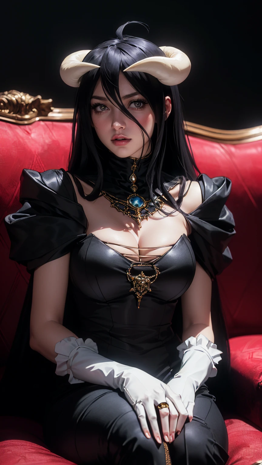 A white man, Elizabeth Olsen,exquisite facial features,red eyes, black color hair, Wear bevel, femele'Miter'clothes with cross, sit under the throne, Enchanting figure,Exaggerated proportions, ,Thigh thick, wide waist, in a medieval cathedral , She has horns.Raised sexy
