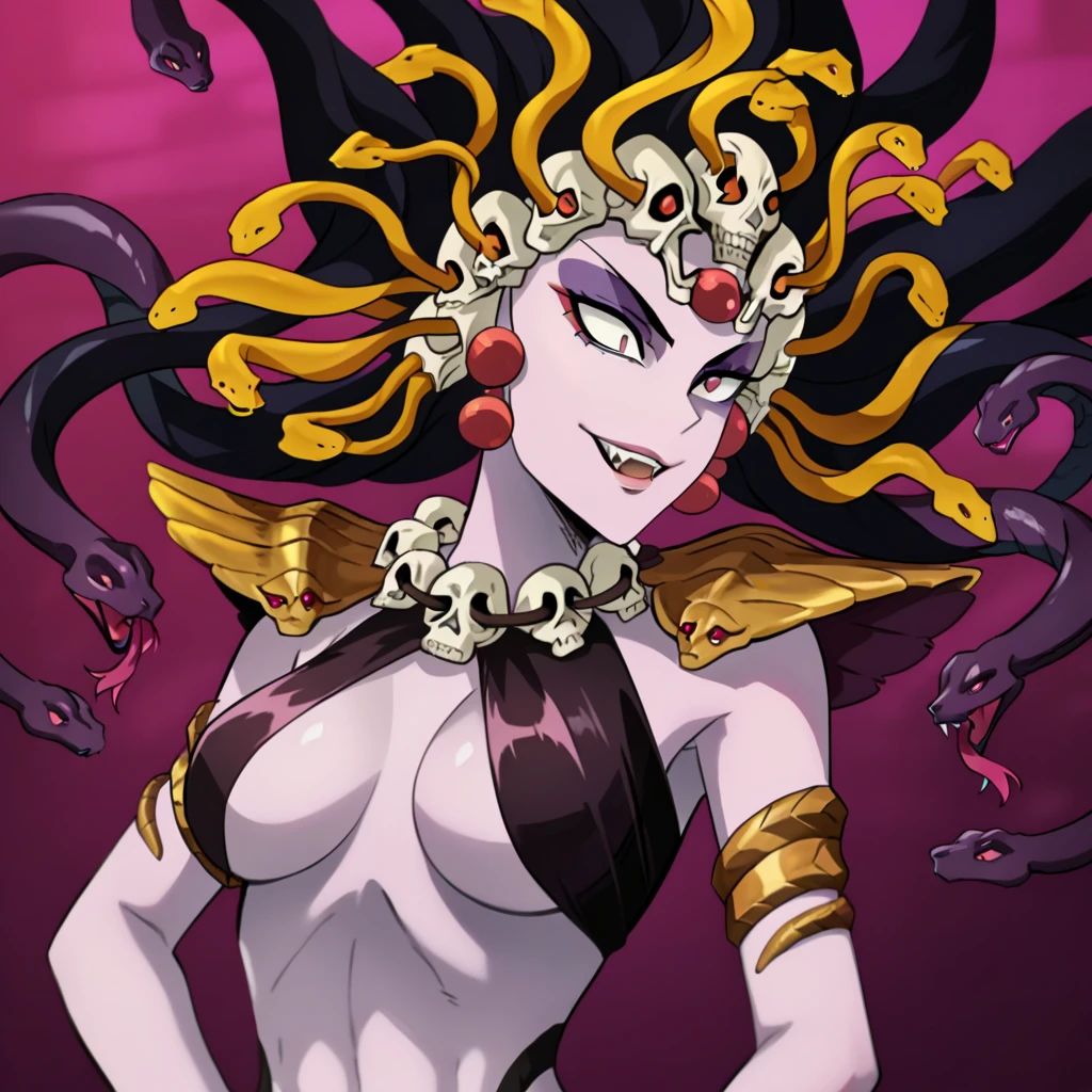 (masterpiece, best quality, detailed background, perfect anatomy, intricate details), 1girl, solo, medusa, coiling, serpent, angry, white roman robes, ancient ruins, <lora:medusa_v8-000008:1>