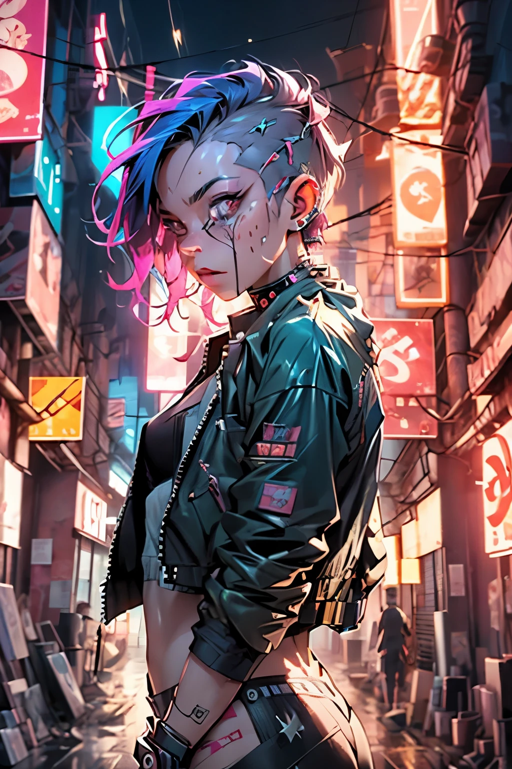 ((best quality)), ((masterpiece)), (highly detailed body and face:1.3), 3D, Beautiful (cyberpunk:1.3) Beautiful young man with hair shaved on the sides and a petrol blue mohawk, VERY DETAILED AND BRIGHT, ((with guns in hands)), (((futuristic Mad Max movie style background))), (((pink and cyan neon lights at night))), night image, at night, 32k