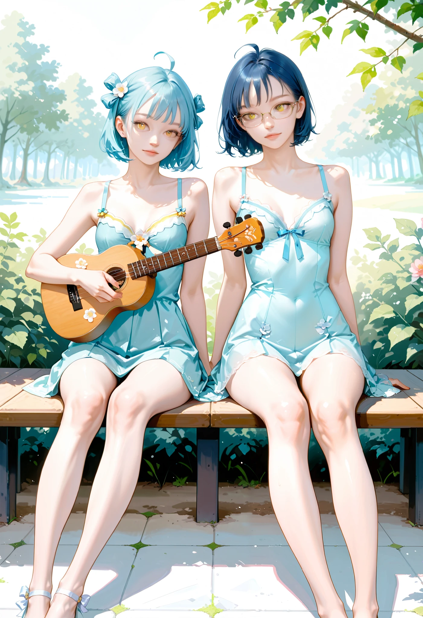 score_9, score_8_up, score_7_up, realistic, zal, small breast,slim and fragile girl, long legs, slim waist and hips, angelic beauty, girl sitting on a small scene in the park and play on ukulele, fairykei, pastel colours, mz, ahoge, short hair, blue hair, yellow eyes, glasses