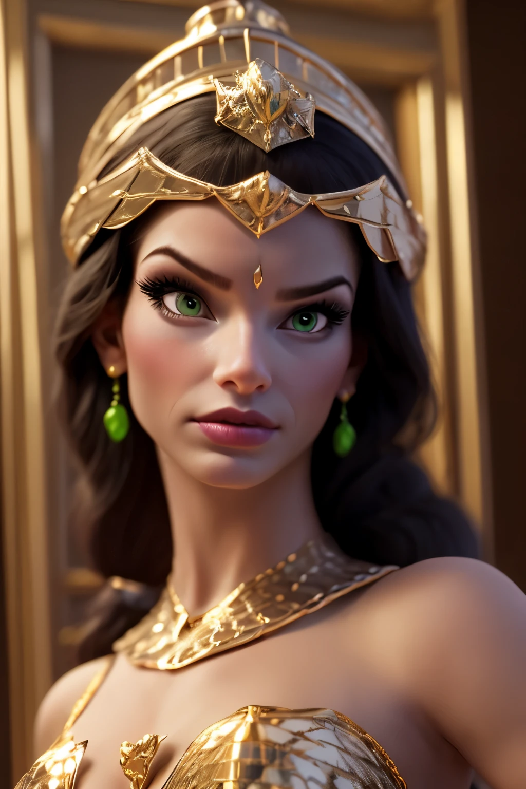 hyper realistic portrait shot of a beautiful egyptian queen, looking down proudly on the camera with her expressive green eyes, tanned skin tone , thin nose , black braided bob hair with golden accessories and jewelries , wearing a white see tough dress