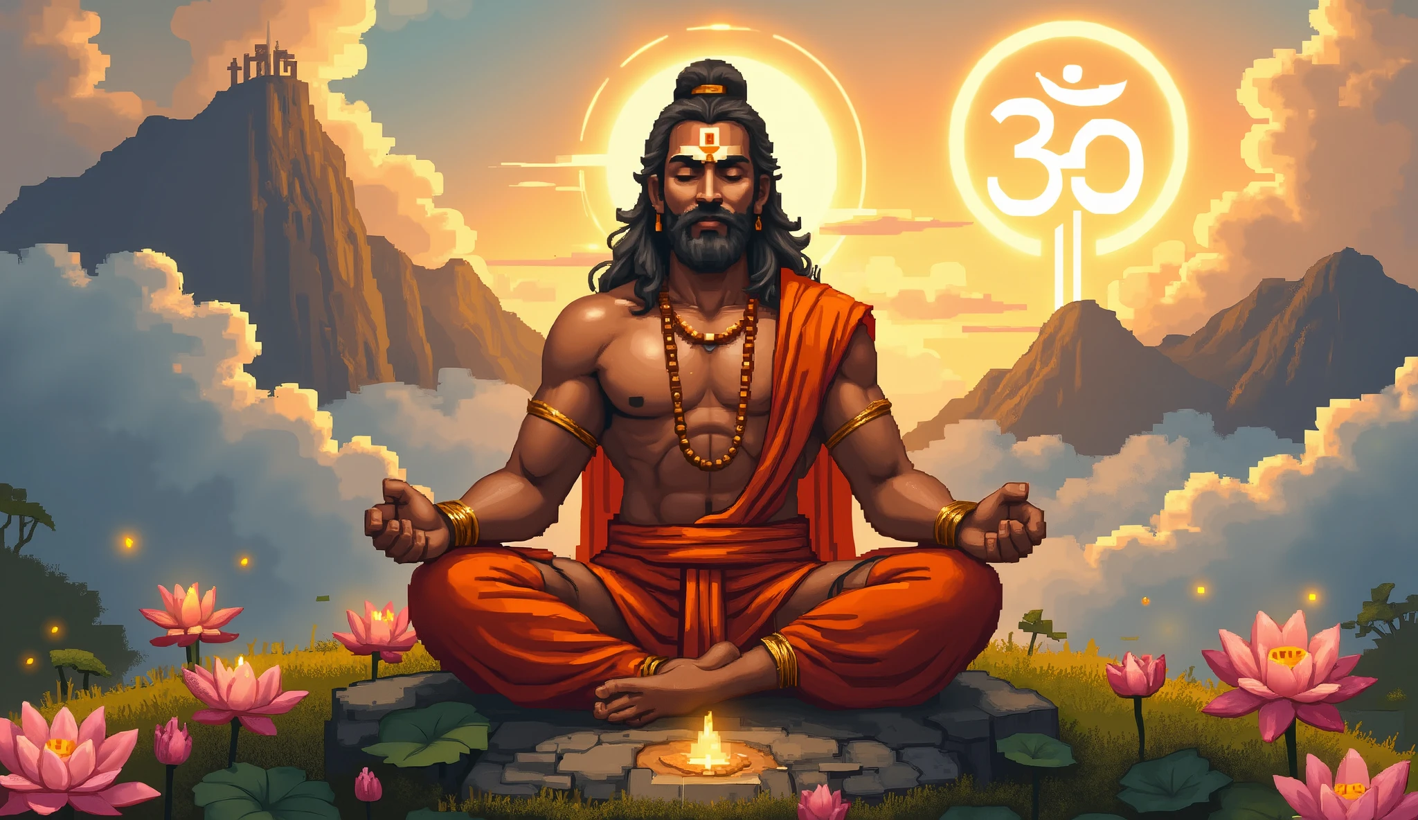 A majestic and serene depiction of Lord Hanuman, seated in deep meditation atop a sacred mountain peak, surrounded by floating clouds and golden light. His massive, muscular form radiates divine energy, yet his expression remains calm and deeply focused, embodying unwavering devotion and inner peace.
He wears a simple yet elegant orange dhoti, with a sacred Rudraksha mala draped around his neck. His closed eyes reflect deep spiritual concentration, while a soft golden aura surrounds his entire being. His long tail rests gently on the ground, curled in a relaxed posture. His hands rest in a meditative mudra, palms facing upward, as he channels divine energy in complete harmony with the universe.
Behind him, a massive glowing "Om" symbol pulses faintly in the sky, its energy merging with the soothing hues of dawn. The distant silhouette of Ayodhya’s temple shimmers in the background, representing his eternal devotion to Lord Ram.
The environment is ethereal and dreamlike—lotus flowers bloom around him, their petals glowing softly, while a gentle breeze sways the grass and sacred Peepal trees nearby. The color palette consists of warm golds, tranquil blues, and soft greens, enhancing the scene’s divine serenity. Tiny glowing fireflies dance around him, adding to the mystical ambiance.
The overall atmosphere is peaceful, spiritual, and transcendent, capturing Hanuman Ji’s supreme devotion and meditative state.