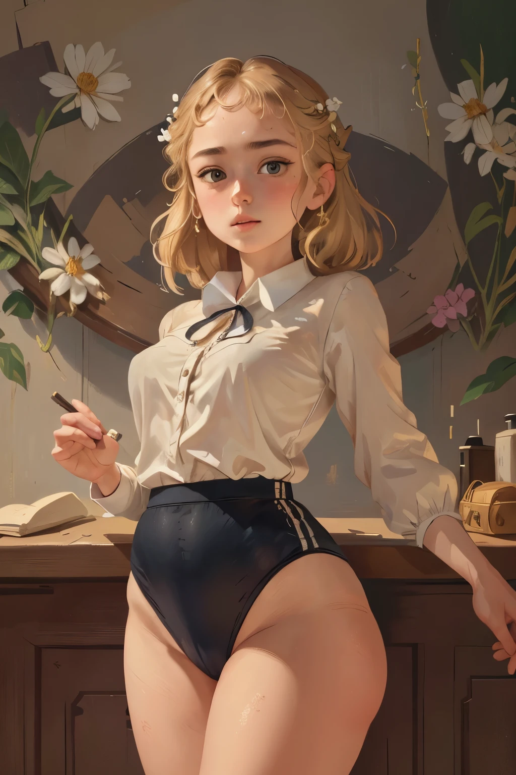 masterpiece, best quality, an extremely delicate and beautiful girl,an extremely delicate and beautiful, world masterpiece theater, ultra-detailed, highly detailed, best quality, blonde hair, highres, extremely detailed,1girl, best quality, illustration, looking at viewer, impasto, canvas, oil painting, realistic, realist ,real,wearing a Black gymnastics bloomers, High leg、white blouse, cowboy shot、