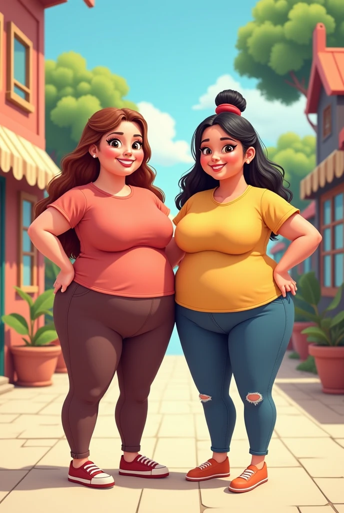 A blonde woman with curly hair tied back and glasses, culona, big boobs, blue tank top, Pink tight sports mini shorts tired resting with doubtful expression standing in a park next to her black-haired friend with white skin in blue sportswear with big butt and toned abdomen and mega busty E cup breasts, 
With a pleading expression, both talking and sweating in black and white format 
