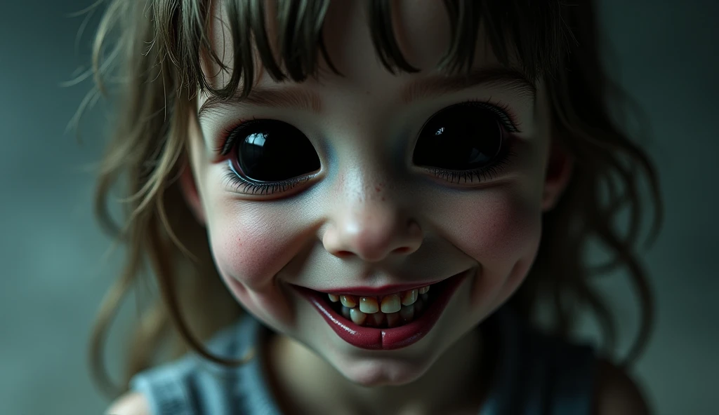 A close-up shot of a dusty box lying on the floor of a dark attic. As one of the teenagers opens the box, a broken doll with empty eye sockets and a sinister smile is revealed. Highly detailed, macabre, with a touch of supernatural horror.