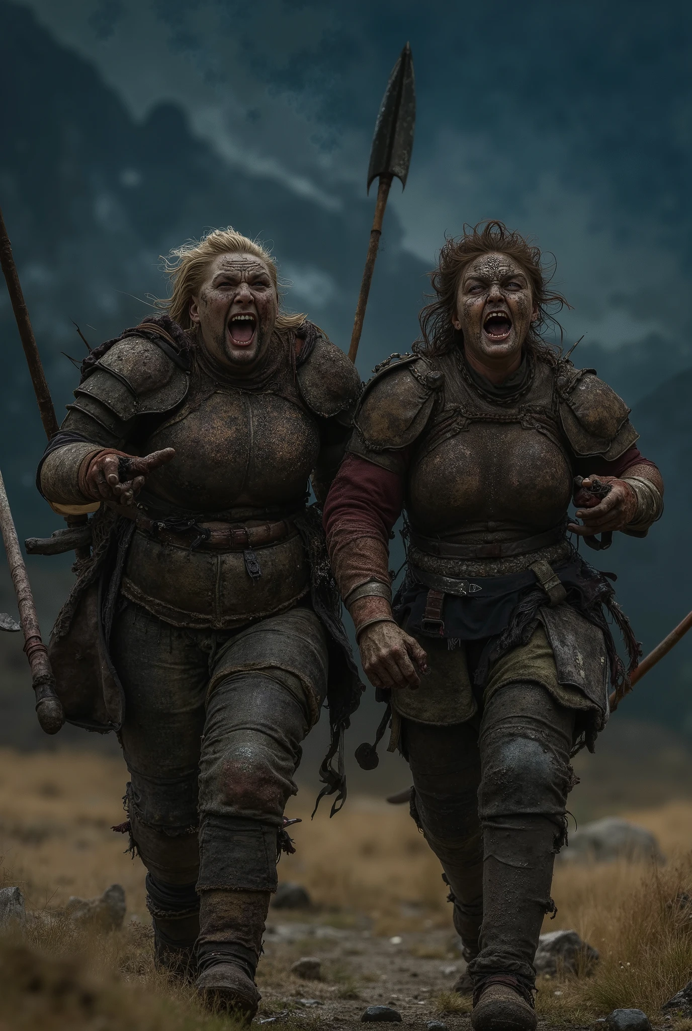 A pair of large muscular and (ugly) broad shoulders (dirty unwashed messy hair) (fat monster females ((angry)) gritted teeth, shouting, thick eyebrows, dressed in dirty, rugged, dirt, dusty, old, Historical Full Plate Armor, plate armor, trousers, cloth armor, and holding spears, running towards the viewer, background (night time) night sky, mountainous terrain, rocky terrain, high quality, best quality, very detailed, shadows, partially covered in shadow, close angle, crooked teeth. scars on face, large scars on face, a lot of dirt on face.