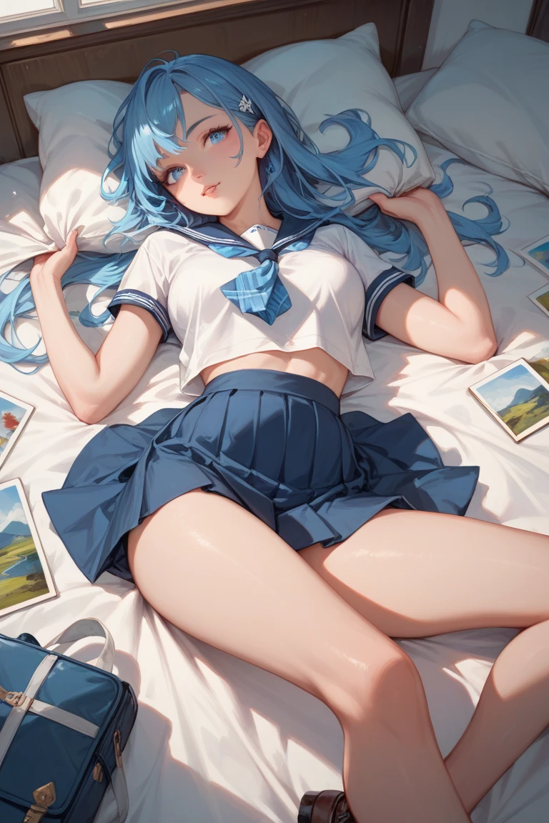 (One lady)、(​masterpiece)、(best qualtiy)、(ultra-detailliert)、(a high chroma)、((tre anatomically correct))、(CG Illustration)、highcontrast、laying down on the bed、urusei yatsura、Ram-chan、[Demon horn:-1.3]、(Sky Blue Eyeshadow)、(Fine and beautiful eyes)、Delicate beautiful face、Ram hairstyle、((dishevled hair))、((Schoolgirl Uniform))、White panties、(Buruma)、(Black stockings)、(beutiful breast :1.3)、teats 、((The best lighting))、simple background