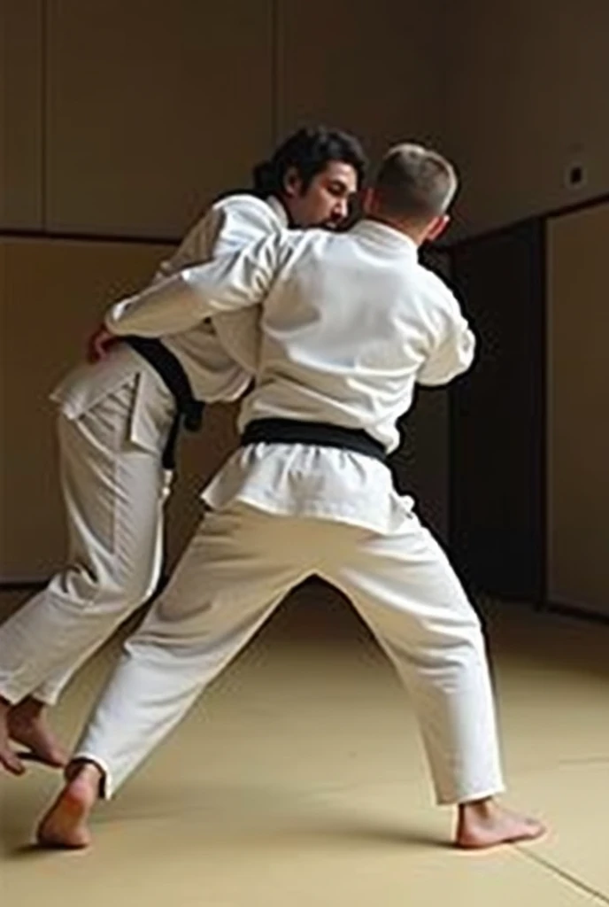 Create image of jiu-jitsu fighter wearing black kimono teaching the rear naked choke to another man.