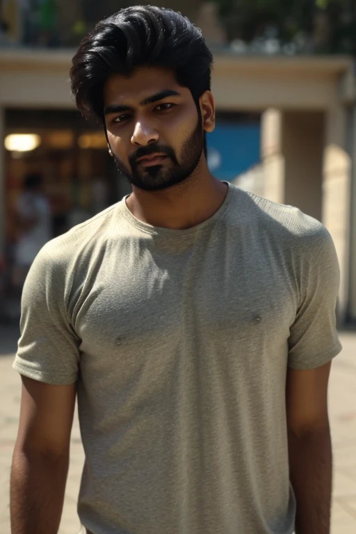 Beautiful indian man without beard in white t-shirt