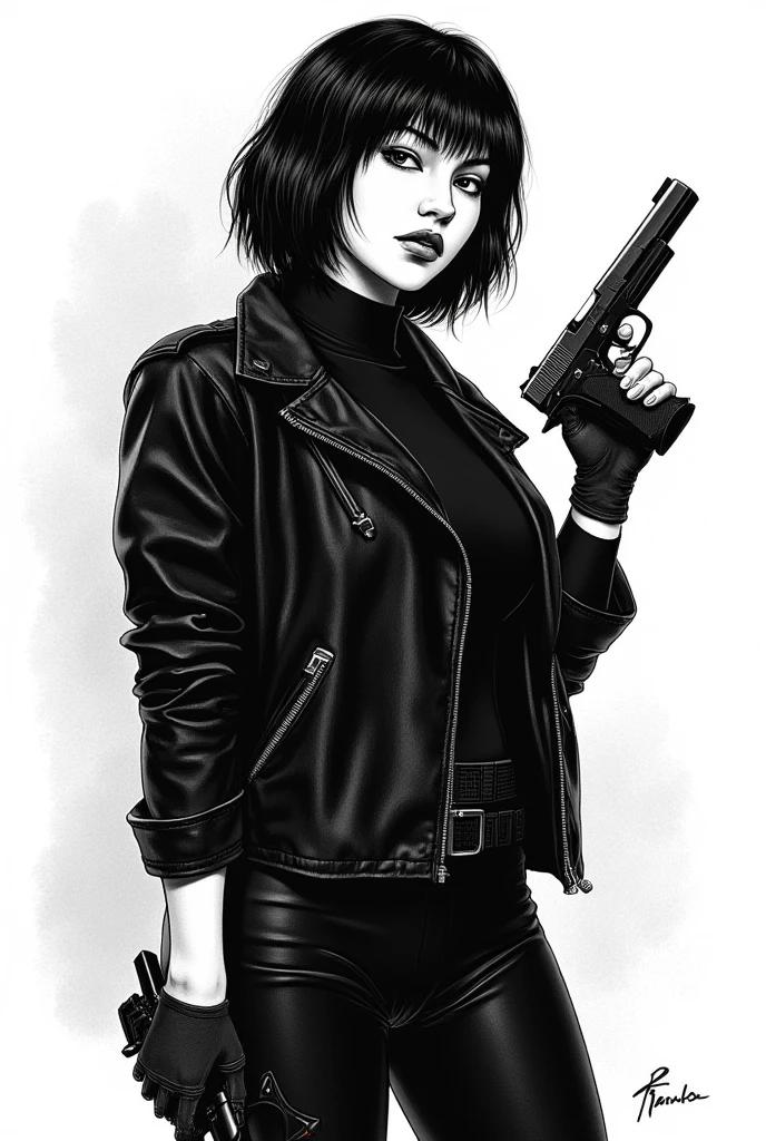 <lora:franklinbooth_xl-000006:1> a drawing in the style of franklinbooth, an armed women standing, cyberpunk