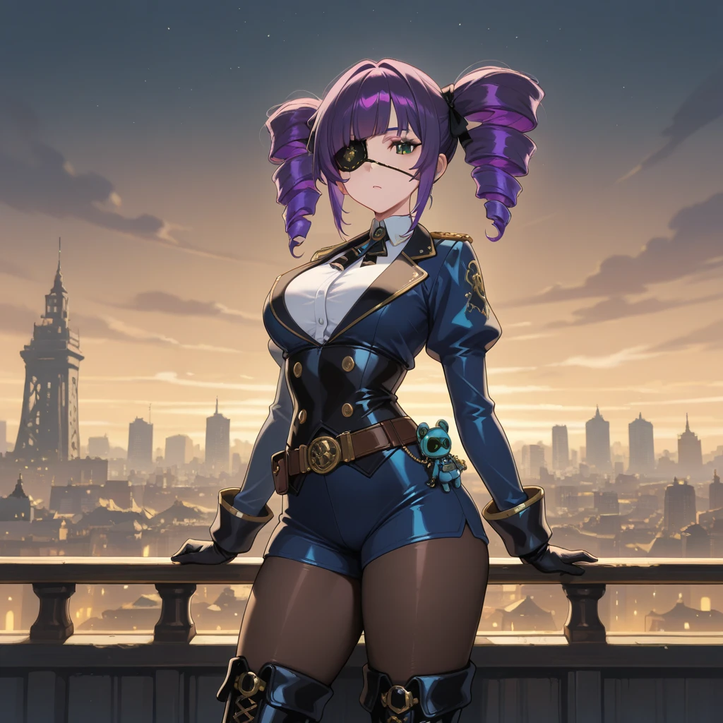 (league of legend female character, hyper league of legend art style), female military commander, ((perfectly thick military jumpsuit with zip outfit, showing side and underboobs, designed overcoat, hair pin, hand glove, collar, eye mask, badge, glasses, Trouser chains )), ((purple and blue pigtail hair style, grey pupil, random make up, perfect body shape)), (gorgeous aura, hyper effect), (masterpieces, fantasy world, hyper resolution), camp background