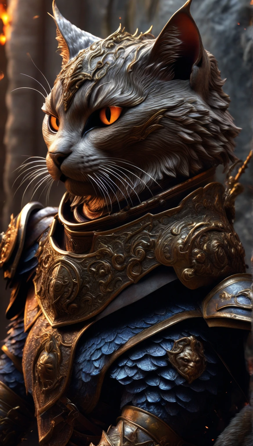 angry cat god, closeup, steampunk, strong, muscular, cyberpunk cybernetic armor, Artstation illustrators, intricate details, face, full body portrait, UHD, 4K hyper realistic, highly detailed, sharp focus, professional, 8k UHD, cinematic, wild, violent, dramatic, vivid, nervous vibration, epic, HDR, album cover, fire, powerful