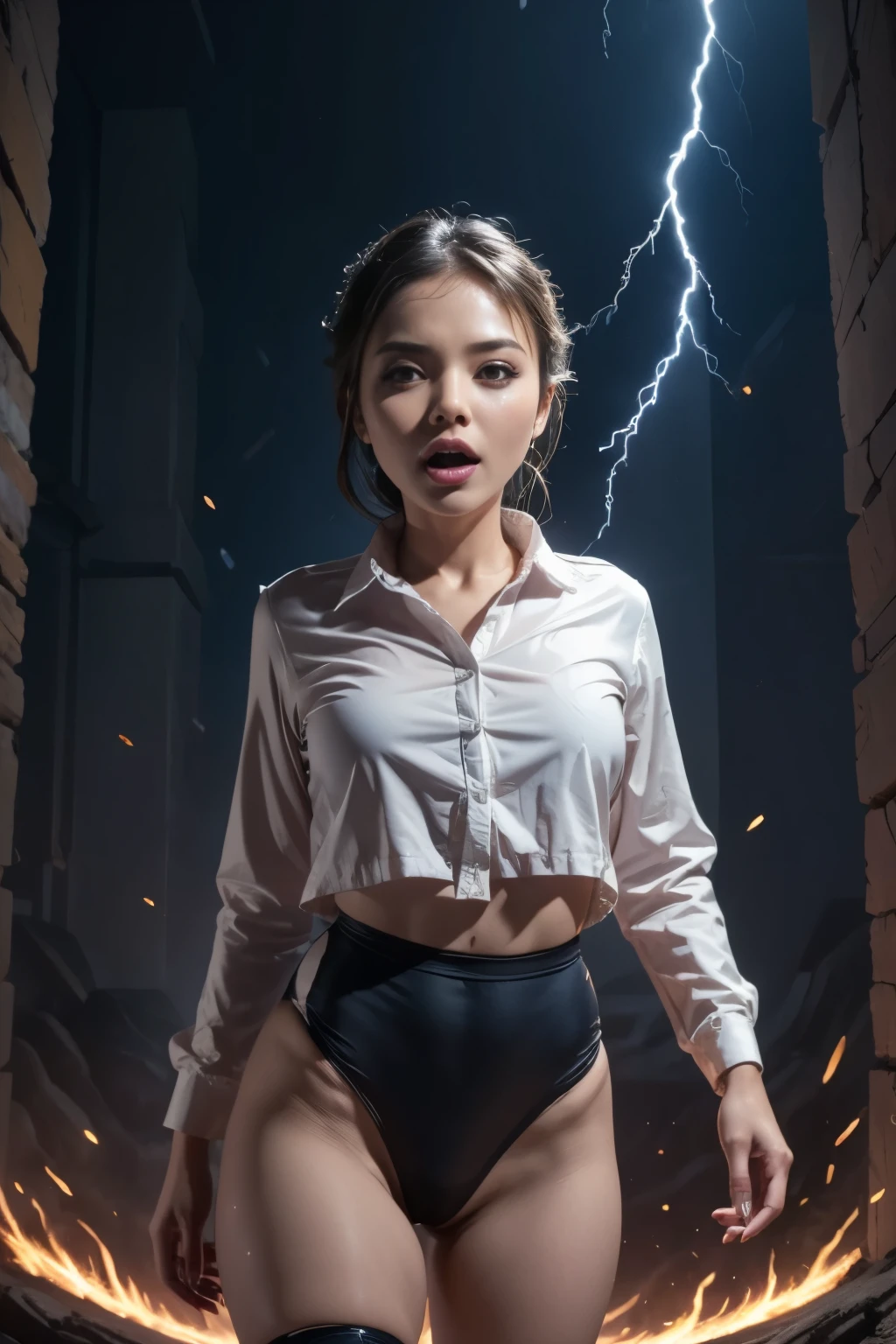 (masterpiece, highest quality), 1 girl, beautiful face, beautiful body, wearing a Black gymnastics bloomers, High leg、white blouse, cowboy shot、Are standing、full body portrait、alone, complex details, enlarged textures, complex details, finely detailed eyes and detailed face, intricate details, perfect eyes, equal eyes, perfect body, extremely detailed, (), extremely realistic 3d,While taking off her bloomers,Scared girl、shout、Convulsing with fear、 Scenes from Hell 、Land of lava、lightning、Lightning、Rocky Mountain