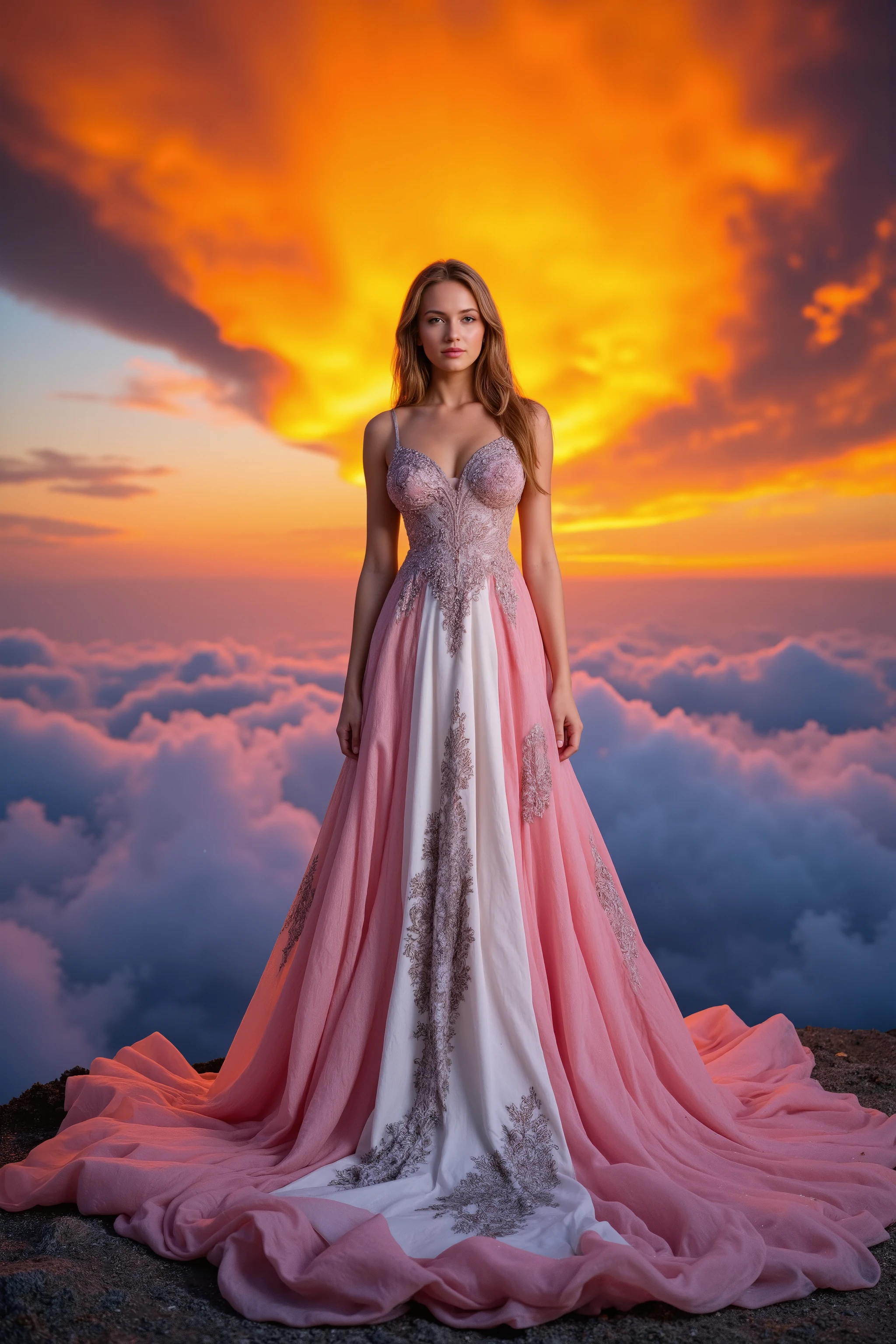 The color of this mermaid style dress is very light pink white silk with some black embroidery. The long skirt should flare out several meters in diameter around the models feet with a lot of fabric to drag on the ground.
Put big fluffy billowing clouds underneath the dress, spiraling in from around an enormous setting sun in the background. Show it as a gigantic orange and yellow fireball and the clouds as orange and pink and purple billowing clouds that settle under the dress and come peeking out on all sides. Show off the intense colors and dramatic effect. Make the model tall and extremely attractive and the sun about half the size of the image. It takes up a lot of space behind the model. Ultra-realistic, photo-realistic, ultra-detailed, insane 3D realism, cinematic photography, cinematic lighting, cinematic portrait, portrait photography, cinematography, full focus, highest quality images, awe-inspiringly, surrealism, etheral, masterpiece. Larger sun! Make the model ultra attractive!!!!
