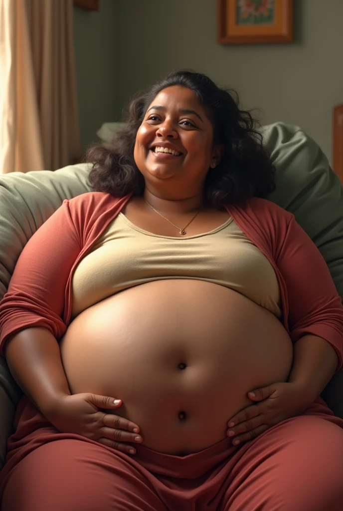 Your POV view from below when Cardi B&#39;s plus size stepmother who is heavily pregnant and sitting on a chair at home with a giant and tall posture from the front looks at you during the day.. HD, cinematic, photorealistic, fisheye camera view, iphone camera style