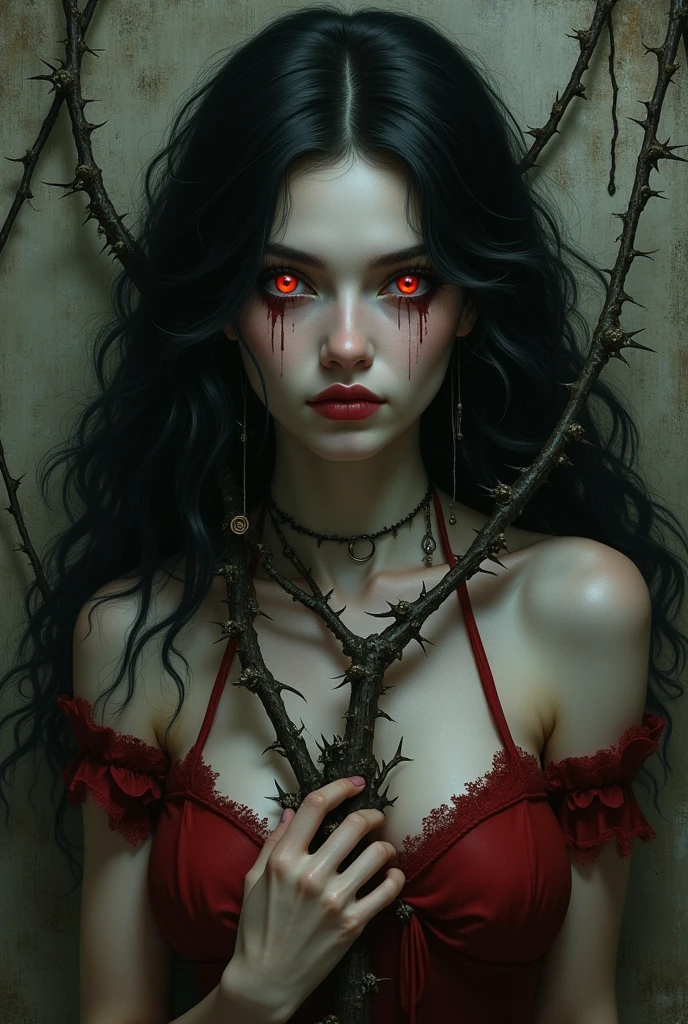 corpse, sinister, female, thin, pale, looking at the camera, ultra realistic, fully detailed, cemetery environment, bright eyes, white dress torn and stained with blood, bones exposed, putrid wounds, sensual, terrifying, bruised by the body, exposed fracture in the collarbone, slight smile, super detailed, white eyes,