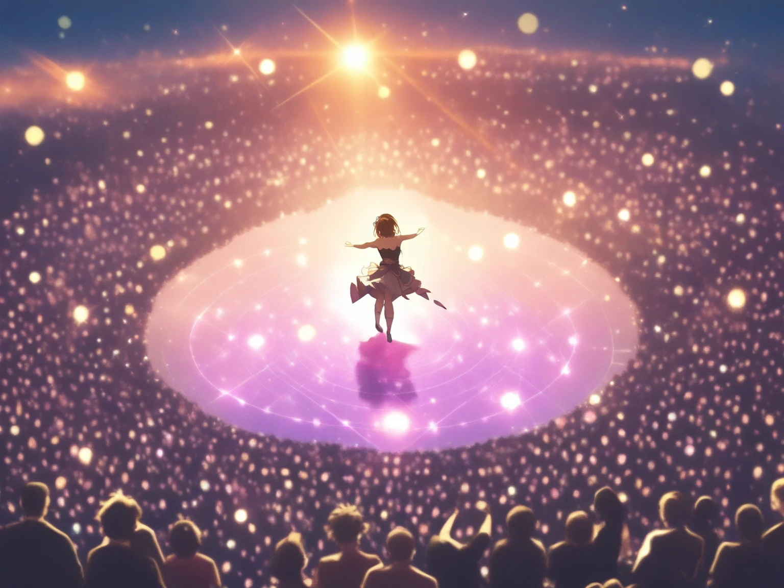 "obra maestra, mejor calidad, Still film, 1Musician on stage at night, primer plano, brillante, feliz, soft warm lighting, puesta de sol, chispas: 0,7"