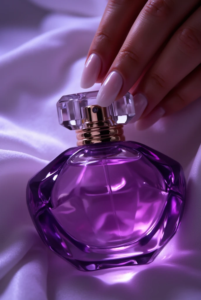 perfume in women's hands, on the hands there is a delicate lavender fabric, fabric is light on perfume, beautiful perfume, aesthetic advertising, stylish perfume, soft aura, blurred background, light, gentle perfume, cold haze