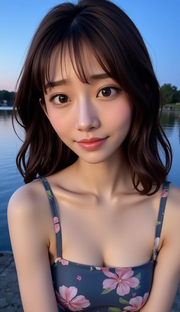 ((Top quality, Masterpiece: 2, Very detailed)), 1 sexy beauty, (Perfect face: 1.7), (Thin camisole), Realistic, Mole on chest, Slender, Summer sunshine, Light and shadow contrast, Protruding nipples, Big breasts, (Very realistic skin texture), Smiling, Fair skin, Sunbathing, Sunlit skin, Selfie