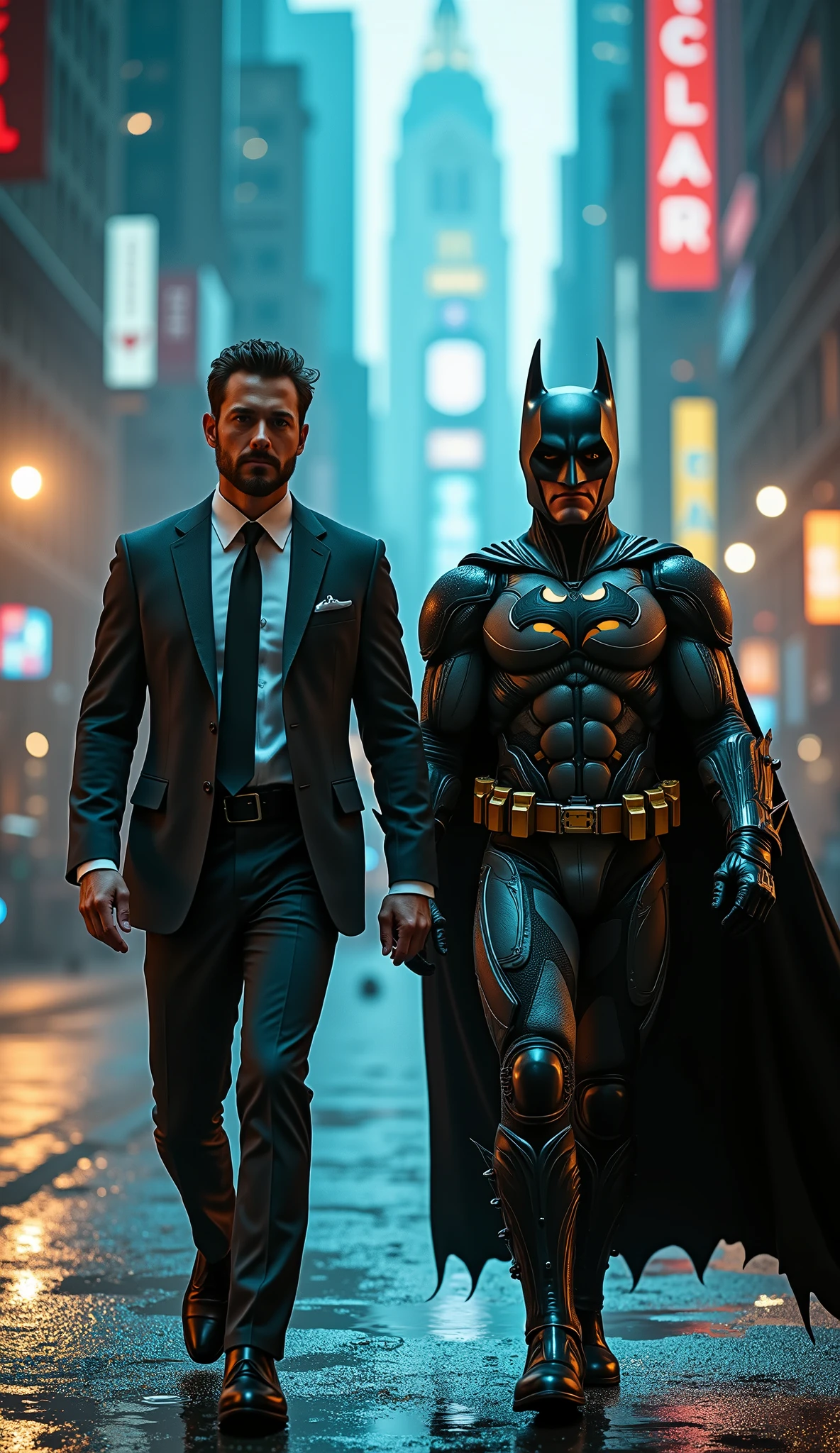 ((masterpiece)) ((photography)) ((Highest quality)) A powerful and mysterious, hyper-realistic ultra-detailed 8K, Ben Affleck as a charismatic man with a strong jawline, neatly styled dark hair, wearing a tailored dark gray suit and black tie, walking next to BATMAN in his sleek, armored Batsuit with a flowing black cape, glowing Bat-symbol on the chest, reinforced gauntlets, and a futuristic, high-tech utility belt. The illuminated Gotham City skyline in the background, neon reflections on the wet streets, cinematic atmosphere, dynamic lighting, realistic motion blur, shallow depth of field, photorealistic textures.