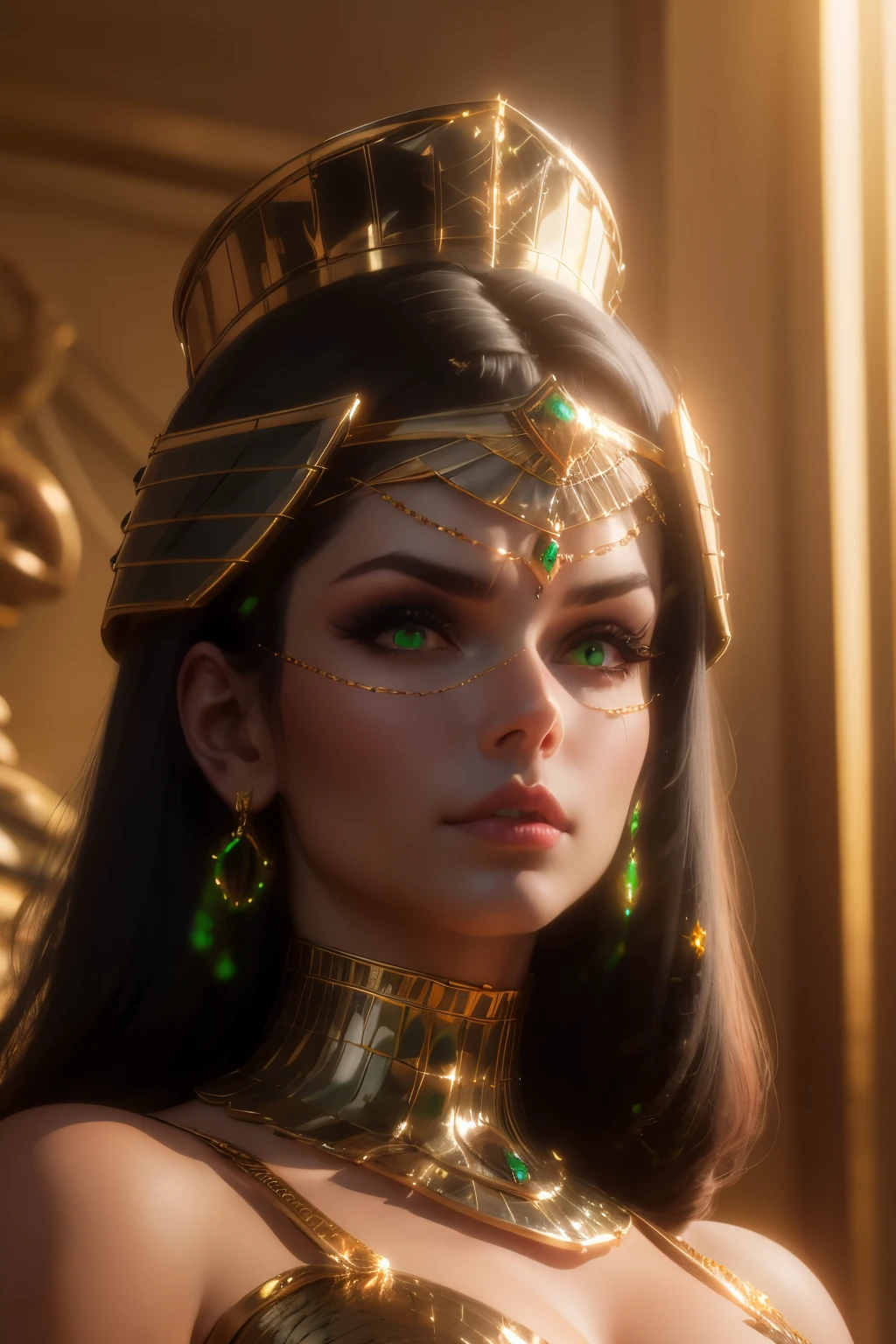 hyper realistic portrait shot of a beautiful egyptian queen, looking down proudly on the camera with her expressive green eyes, tanned skin tone , thin nose , black braided bob hair with golden accessories and jewelries , wearing a white see tough dress