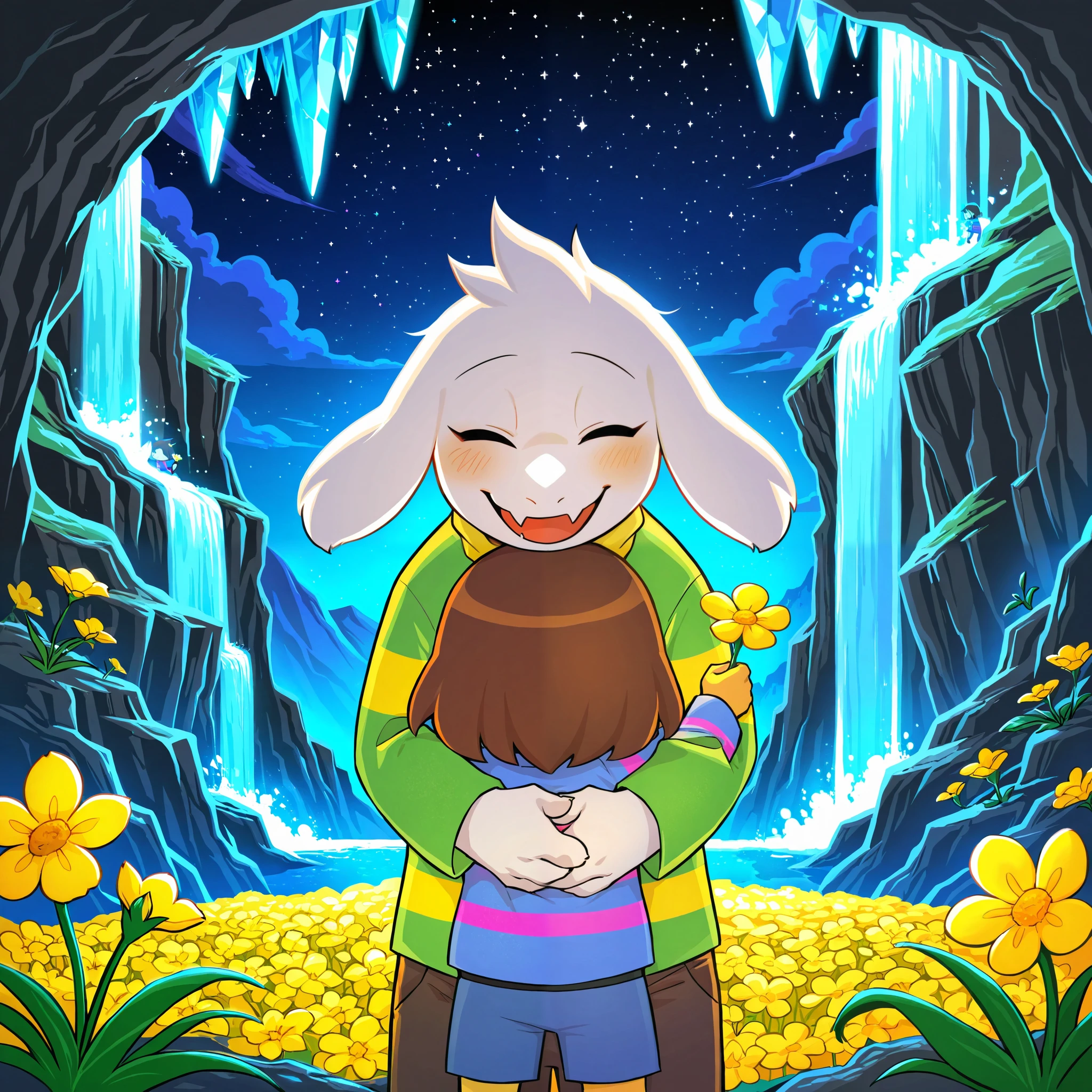 (by Kyoto Animation, by Christopher Balaskas, by Glacierclear, by Sususuigi), (duo toony chibi, frisk \(undertale\), asriel dreemurr, hug:1.25), shirt, pants, front view, (three-quarter portrait:1.25), arms above head, holding flower, happy, close-up, BREAK, colorful cave, colorful mountain, foggy, glowing, night, waterfall, crystal, plant, sky, masterpiece, best quality, light, 4k, 2k, photography