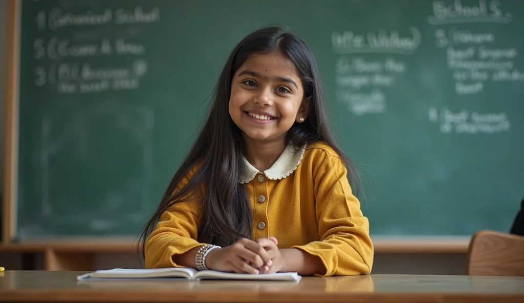 "A young boy with long, straight hair and a bright smile, wearing a light-colored school uniform and a teal backpack, is in the foreground. Her chin rests on her hands, and she looks directly at the viewer with large, expressive eyes. The background is a classroom scene with other children seated at desks, reading books, and wearing school uniforms, but this background is slightly blurred and in grayscale, emphasizing the girl in the foreground Indian environment and real picture