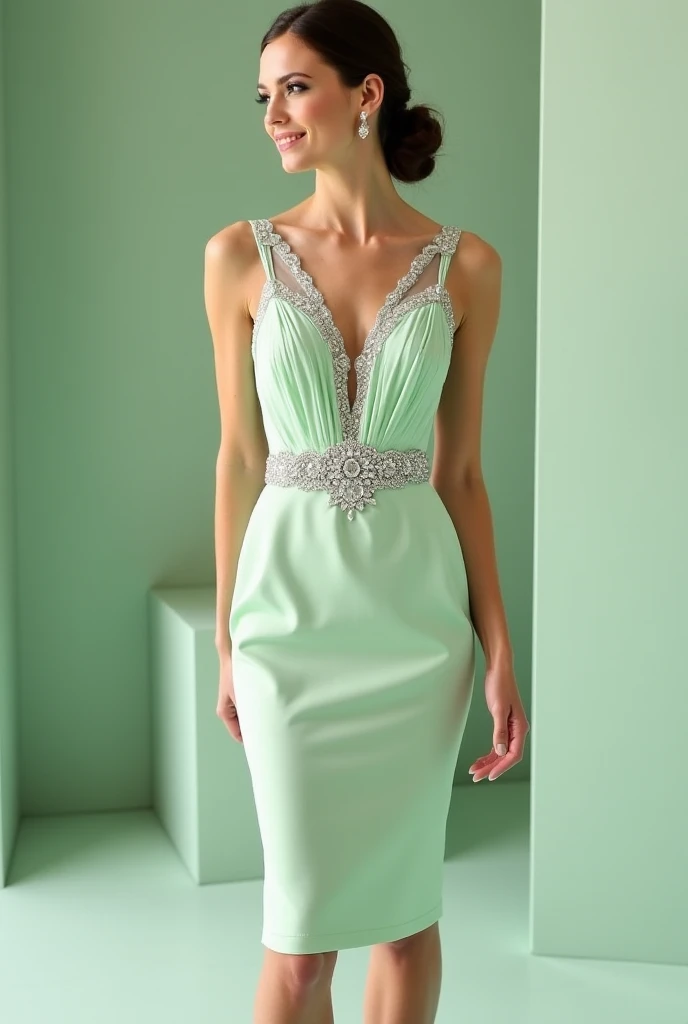 (masterpiece, best quality:1.5), highest quality, High resolution, super detailed, Realists, Full body photo of a young European brunette, detailed and beautiful brown eyes, very detailed eyes and face, longeyelashes, the young woman wears a short green dress with thin straps made of shiny satin, beautiful natural makeup, elegant and noble々Pose, Gardens as background, soft daylight, bright colors, fine brushstrokes, shiny fabric for clothing, beautiful color palette, glowing skin, First-class rendering, that captures every detail, enchanting atmosphere, subtle shadows and lights, (perfect anatomy:1.2), (The stunning young woman stands in a clothing store and is excited about the selection, browse through the clothes, (magnificent panorama view:1.2)
