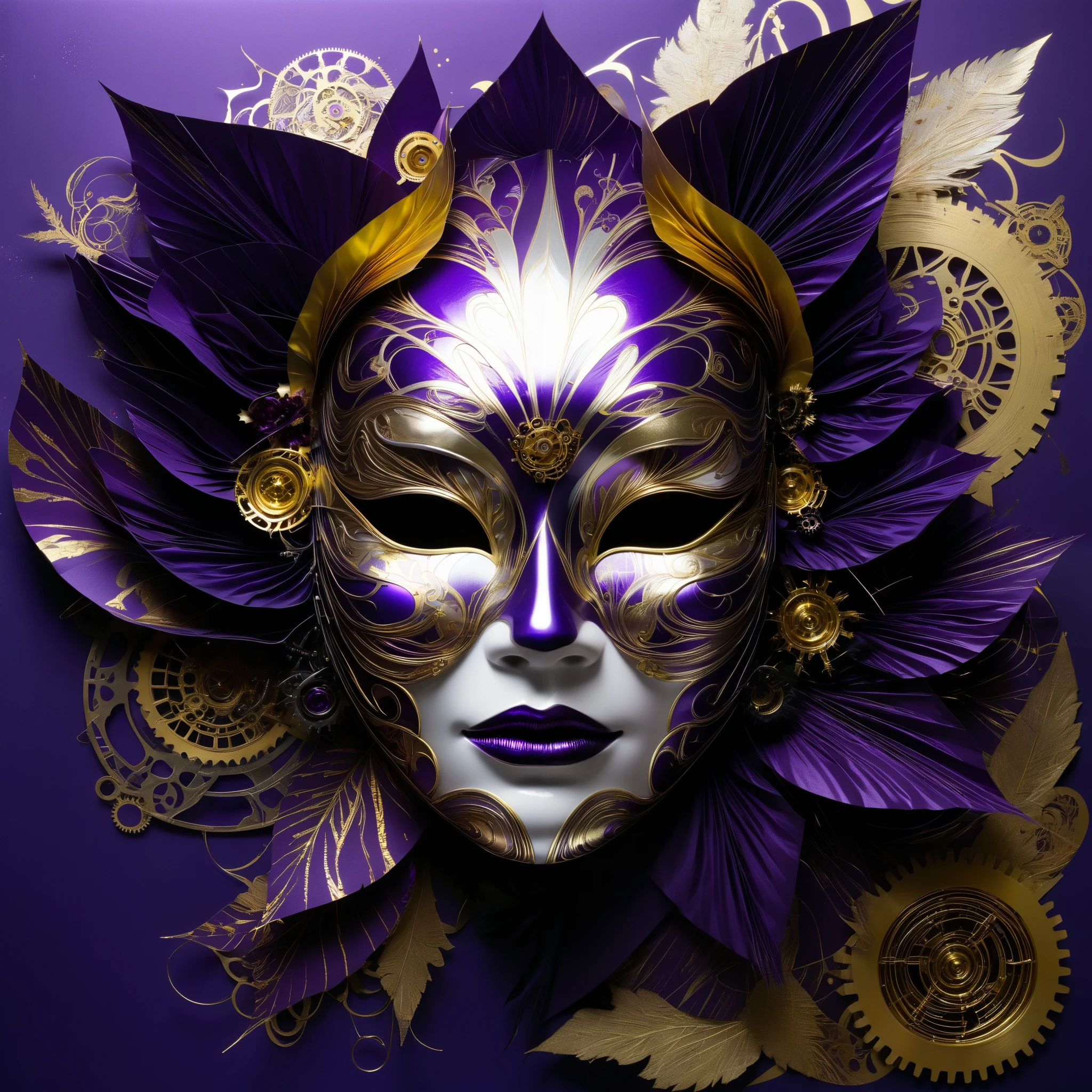 A collage of folded paper, combining glossy purple, gold, and silver foil textures, abstract fractal designs, brush inspired by comedy dell'arte and Venetian masks, reflecting the styles of Philip Vignal and Takato Yamamoto, combines appeal with anxiety, neon glow, Stage Illuminator, intertwined with abstract black strokes with a, mechanical gears with fur aesthetics, written with careful. high definition, high quality, Masterpiece