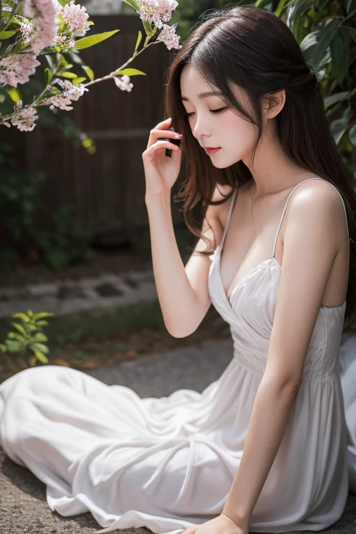 ,Masterpiece, Best quality,8K, 超高分辨率,Reallightandshadow,Cinema lenses,(beautidful eyes:1.1), ((中景 the scene is,The upper part of the body)),dynamicposes,On a green meadow,The gentle goddess came with gentle steps。She wore a white dress,A gentle breeze blows,The skirt dances lightly。The sun shone through the leaves in her hair,Reflecting her clear eyes and gentle smile。Colorful butterflies flutter around her,Flowers bloomed at her feet,It was as if nature was cheering for her,huge tit,cleavage,