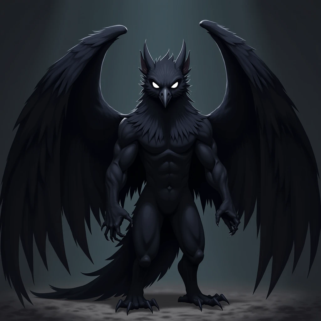 Mysterious wolf-like face,Bipedal,Covered in dark purple skin,On her chest is a crescent-shaped necklace.,Large black wings with gold tips,Has limbs with sharp red claws,Red eyes,It exudes a mysterious, otherworldly presence.,Its overall posture is intimidating yet protective.,The mysterious and powerful nature of this creature is emphasized as the focal point of the image.,背景はfull moonの夜,A mysterious dark atmosphere, Haute Couture Illusion,full moon,Moonlit Night,Medium shot scenes,Like the whole body, Highly detailed surreal VFX,OC Rendering,Shot with a 70mm AR16:9 --q 2 --s 1000