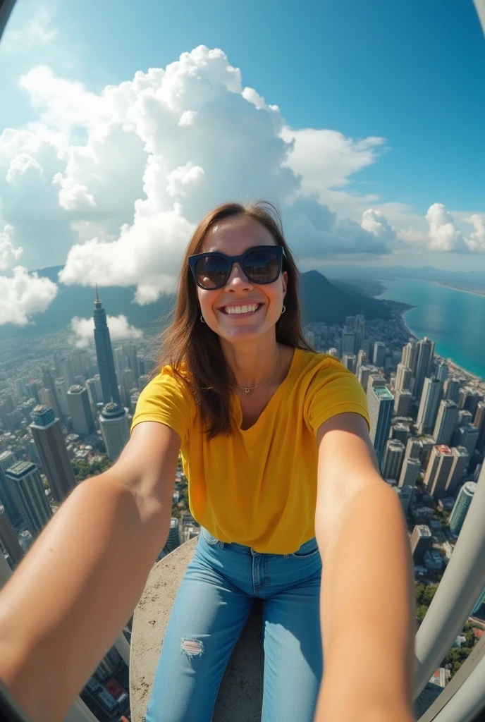 selfie photo of a jade sudanese student surprised happily joyful in a roller coaster, roller coaster fun ride, sunny futuristic landscape, wearing a glamorous latex tunic with navy blue bolero and liquid-lacquered romper, uploaded to facebook