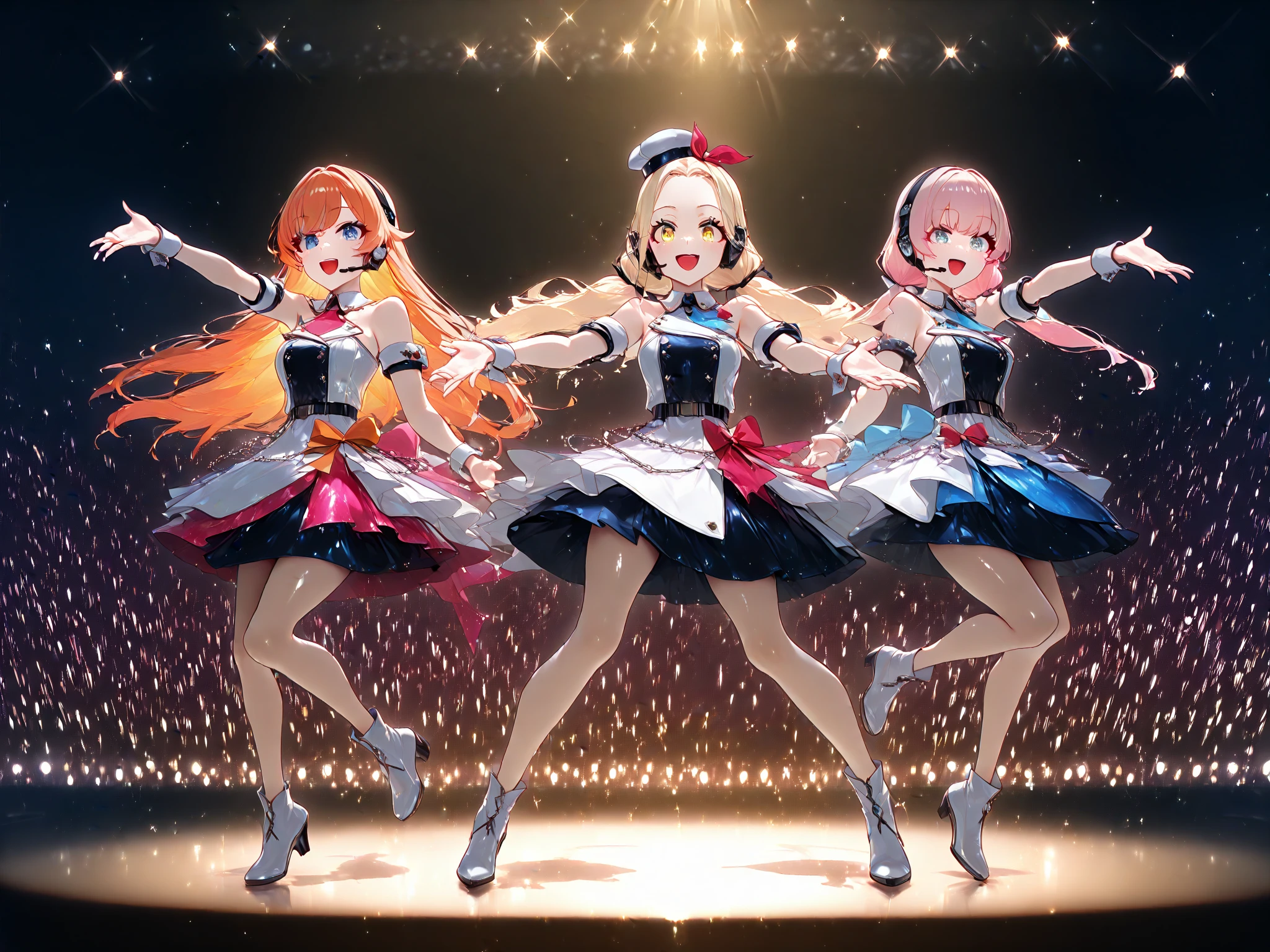 "A wide-format anime-style illustration of five high school girls performing a live concert on stage. Each girl is playing her instrument with passion: one is singing into a microphone, another is playing the drums, while the others are on guitar, bass, and keyboard. The girls are dressed in stylish outfits that reflect their individual personalities. The stage is lit with colorful spotlights, and there are speakers and amps set up around them. The background shows a large stage setup with vibrant lights creating an energetic atmosphere. The overall scene captures the excitement and dynamic energy of a live performance in a moe anime."